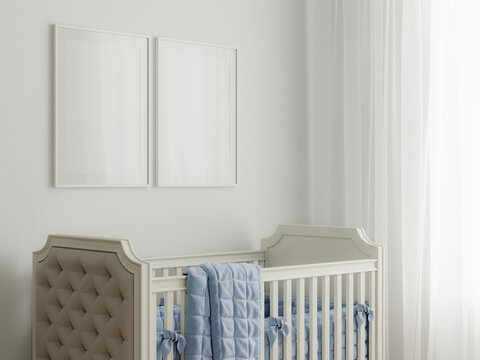 Frame Mockup in cozy nursery interior, 3d render