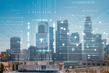 Fototapeta na wymiar Los Angeles panorama skyline of downtown at day time, California, USA. Skyscrapers of LA city. Glowing Padlock hologram. The concept of cyber security to protect companies confidential information