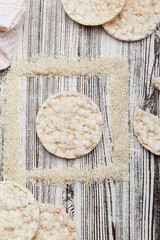 Traditional low - calorie rice cakes food, alternative of bread. Veganism. Plant- based movement, ethically - sourced ingredients and materials