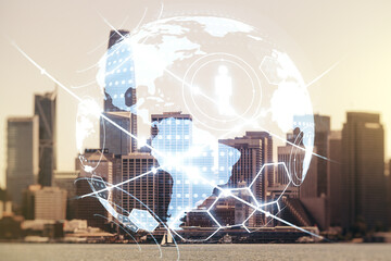 Virtual social network media hologram and world map on San Francisco cityscape background. Double exposure