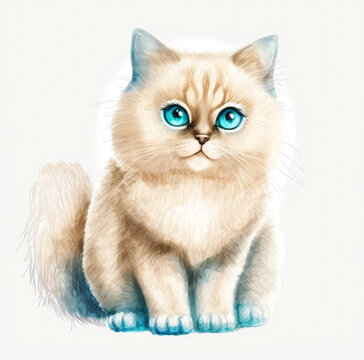 Cute Funny Fluffy Sitting Cat with Big Blue Eyes Watercolor Character Isolated on White Background