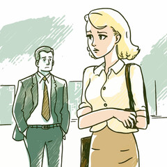 Male in a suit intimidating female coworker or subordinate in workplace harassment illustration vector. Emotionally charged, perfect for making a powerful statement.