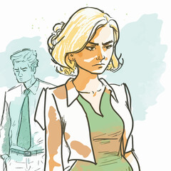 A man in a suit is presented in a vector illustration, harassing a colleague or subordinate. A dark and realistic scene to denounce sexual harassment at work.