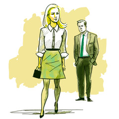 Dominant male in a suit harassing a female colleague or subordinate in a workplace. Vivid illustration in vector style. Perfect for evoking feelings & creating graphics.