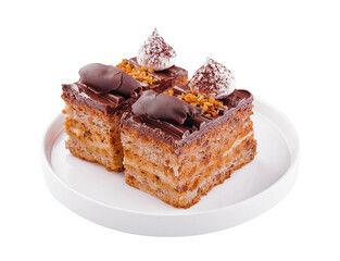 Chocolate cake on a white plate