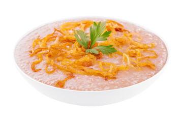 Pea mash with fried onions in a plate