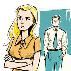 A dominant man in a suit harassing a younger woman, vector illustration. A strong image to illustrate sexual harassment at work.