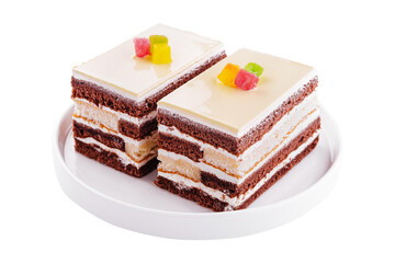 Delicious multilayer cocoa sponge cake with sugar mass