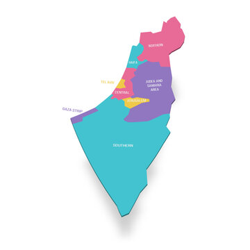 Israel political map of administrative divisions - districts, Gaza Strip and Judea and Samaria Area. 3D colorful vector map with name labels.