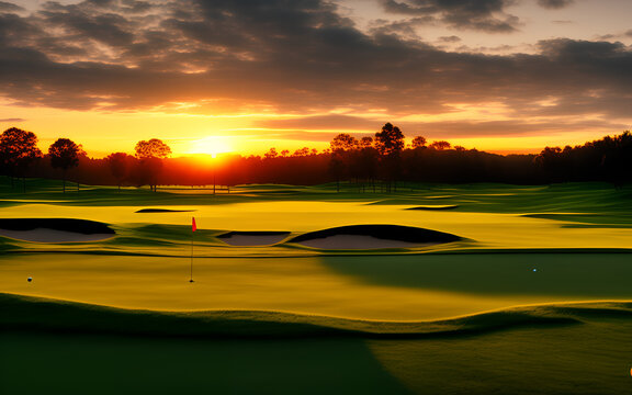 Morning sun on golf course. Generative Al Illustration.