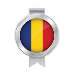 Fototapeta premium Flag of Romania Silver Medal Vector. Realistic 3d silver trophy award medals for winner. Honor prize. Realistic illustration.