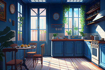 Fototapeta na wymiar A Cool and Calm Kitchen: A Blue-Toned Illustration of Culinary Comfort