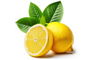 Lemon Isolate on White Lemon Fruit Whole and a Half with Leaves Side View on White - Post-processed Generative AI