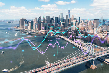 Aerial panoramic helicopter city view of Lower Manhattan and Downtown financial district, New York, USA. Forex graph hologram. The concept of internet trading, brokerage and fundamental analysis - obrazy, fototapety, plakaty