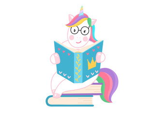 Unicorn reading book on stack of books on white background. Education, reading, studying, learning vector illustration.