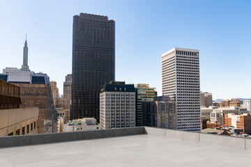 Naklejka na ściany i meble Skyscrapers Cityscape Downtown, San Francisco Skyline Buildings. Beautiful Real Estate. Day time. Empty rooftop View. Success concept.