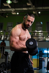 Fototapeta na wymiar A brutal muscular bearded man with abs holds a dumbbell in the gym. Active lifestyle, sports