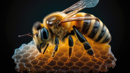 close up of a bee on honeycomb with honey, realistic dark background, studio, illustration 3d digital design art style. generative ai 