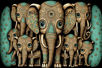 Funny background with ornate elephant family, cute pattern, digital illustration. - obrazy, fototapety, plakaty
