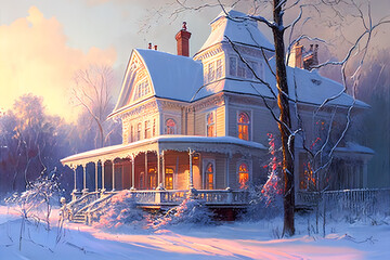 Country house, winter landscape.  Generative AI