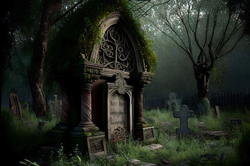 The old crypt in the cemetery. Generative AI