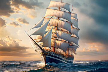 A ship with sails at sea.Generative AI