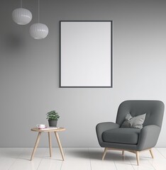 Minimal interior with blank picture, photo frame, armchair and coffee table with plant in pot. Illustration poster and wall painting mockup. Generative AI
