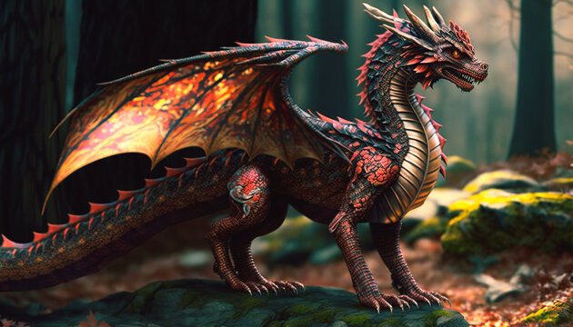Fierce mythological red dragon with fire created with Generative Ai technology