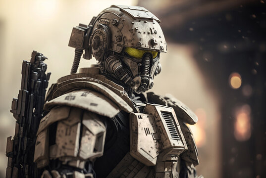 conceptual image of a robot or soldier in combat suit, war and soldiers and technology, Generative AI