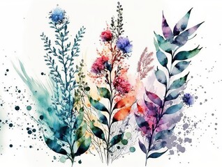 Watercolor meadow herbs and wildflowers. Floral horizontal canvas. Generative AI