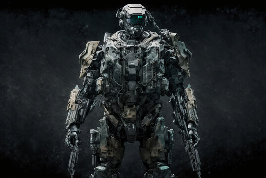 conceptual image of a robot or soldier in combat suit, war and soldiers and technology, Generative AI