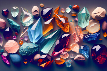 Crystal gemstones on the white background. Collection of many different natural gemstones amethyst, lapis and ruby. Generative AI.