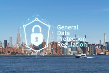 New York City skyline from Brooklyn, Williamsburg over the East River, Manhattan skyscrapers at day time, USA. GDPR hologram, concept of data protection, regulation and privacy for all individuals