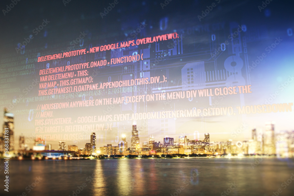 Aufkleber Multi exposure of abstract creative coding sketch on Chicago city skyline background, artificial intelligence and neural networks concept