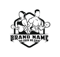 Man and woman Fitness logo template. Sport Fitness club creative concept. Bodybuilder Fitness Model Illustration, Sign, Symbol, badge.