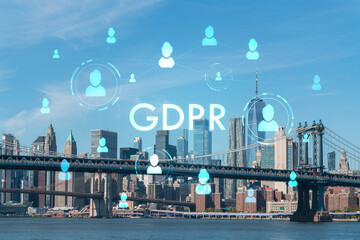 Fototapeta na wymiar Brooklyn and Manhattan bridges with New York City financial downtown skyline panorama at day time over East River. GDPR hologram, concept of data protection, regulation and privacy for all individuals