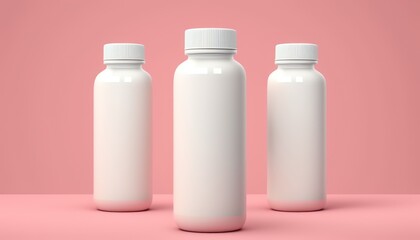 Three blank white plastic bottles of medicine pills or supplements on pink background with side copy space. Generative AI