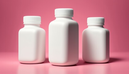 Fototapeta na wymiar Three blank white plastic bottles of medicine pills or supplements on pink background with side copy space. Generative AI