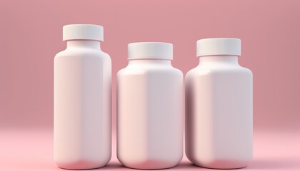 Three blank white plastic bottles of medicine pills or supplements on pink background with side copy space. Generative AI
