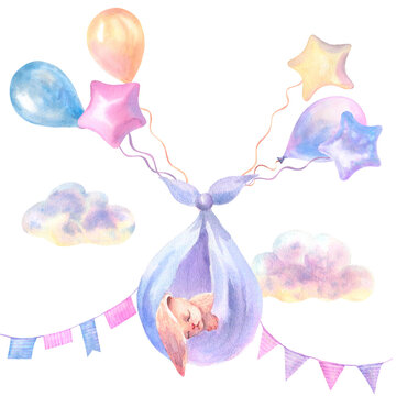 Watercolor hand painted flying sleeping baby bunny on colored balloons, clouds, flags. Hand painted ciconia bird illustration isolated on transparent background.