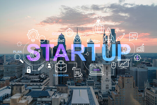 Aerial panoramic skyline of Philadelphia financial downtown, Pennsylvania, USA. City Hall Clock Tower at sunset. Startup company, launch project to seek and develop scalable business model, hologram