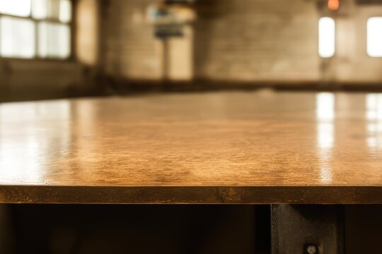High-Resolution Mock-Up Image of an Empty Wooden Workbench Table on a Garage Worskshop Background, Ideal for Displaying Your Designs in a Realistic Setting