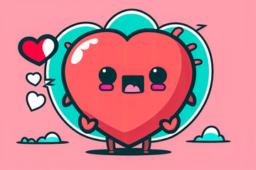 Fototapeta premium Valentine's Day gift card, vector, colorful, heart, outline illustration, cute kawaii style heart-shaped Valentine's Day character