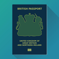 British passport with its shadow isolated on a blue background (flat design)
