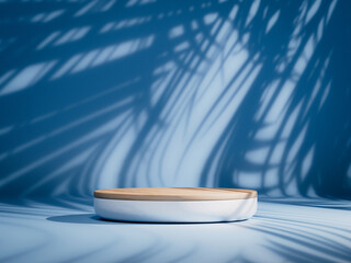 3D Abstract blue room with realistic white-wood cylinder pedestal podium and palm leaf shadow overlay. Minimal scene for product display presentation. Stage for showcase. 3d render illustration