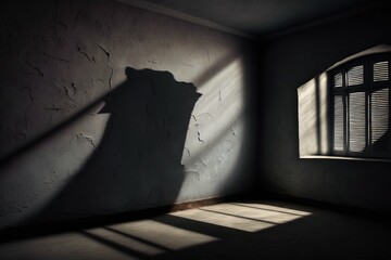 Empty night dark room and moonlight through the window, dark corridor with sun rays. AI