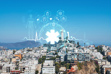 Panoramic cityscape view of San Francisco at day time, Coit Tower and Telegraph Hill, California,...