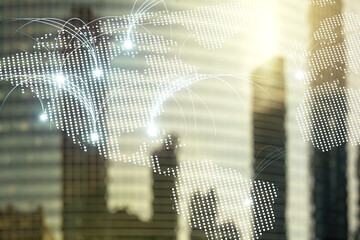 Abstract graphic digital world map hologram with connections on modern architecture background, globalization concept. Multiexposure