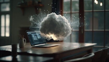 Un nuage blanc qui flotte dans un bureau. Cloud computing concept (AI) - obrazy, fototapety, plakaty