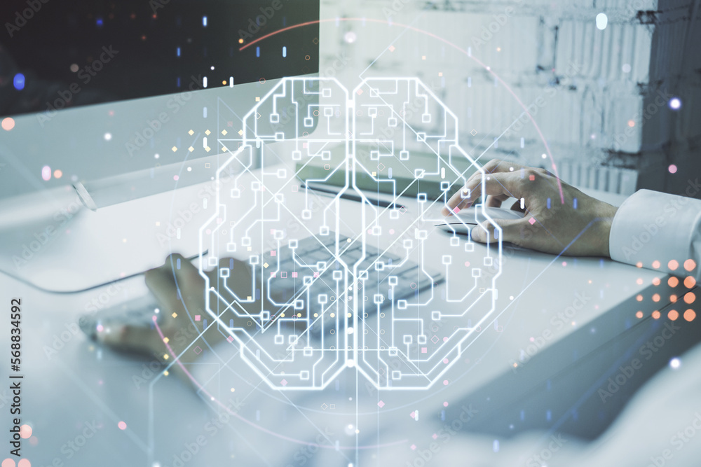 Poster double exposure of creative human brain microcircuit with hand typing on computer keyboard on backgr